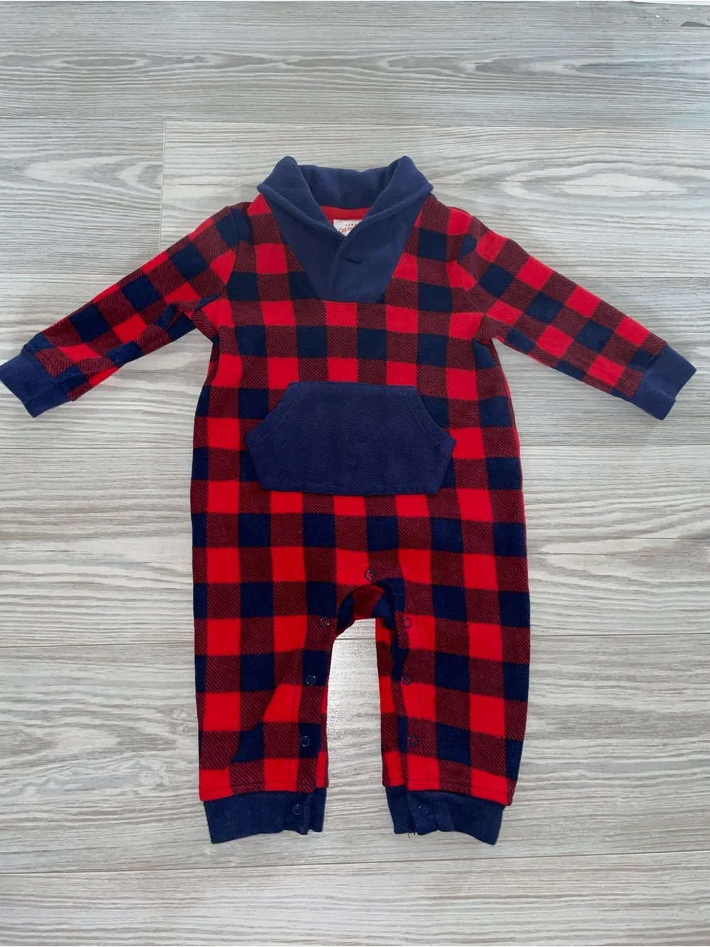 Cat & Jack Buffalo Plaid Fleece Romper Baby 3-6 Months Red Navy Hooded One Piece